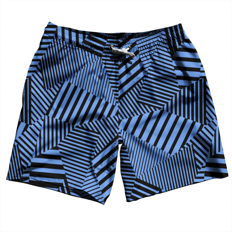 Multiple Lines Pattern Swim Shorts 7" Made in USA - Blue Carolina and Black