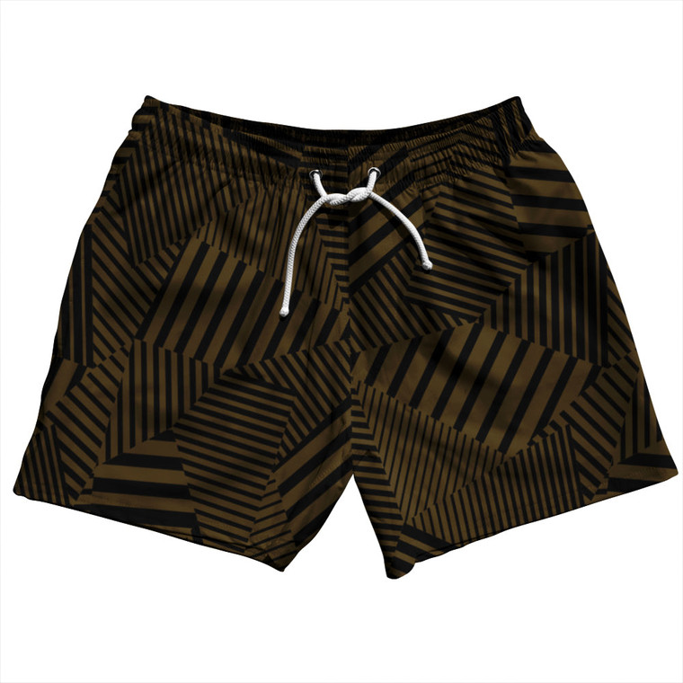 Multiple Lines Pattern 5" Swim Shorts Made in USA - Brown Dark and Black Multiple Lines Pattern 5" Swim Shorts Made in USA - Brown Dark and Black