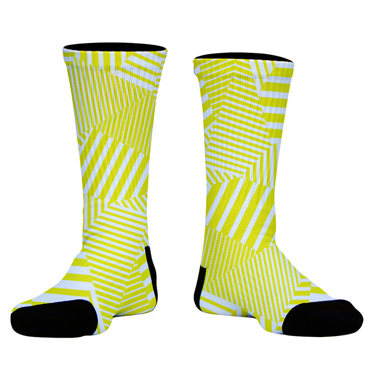 Multiple Lines Pattern Athletic Crew Socks - Yellow Bright and White
