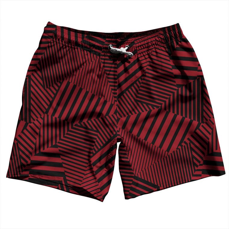 Multiple Lines Pattern Swim Shorts 7" Made in USA - Red Cardinal and Black