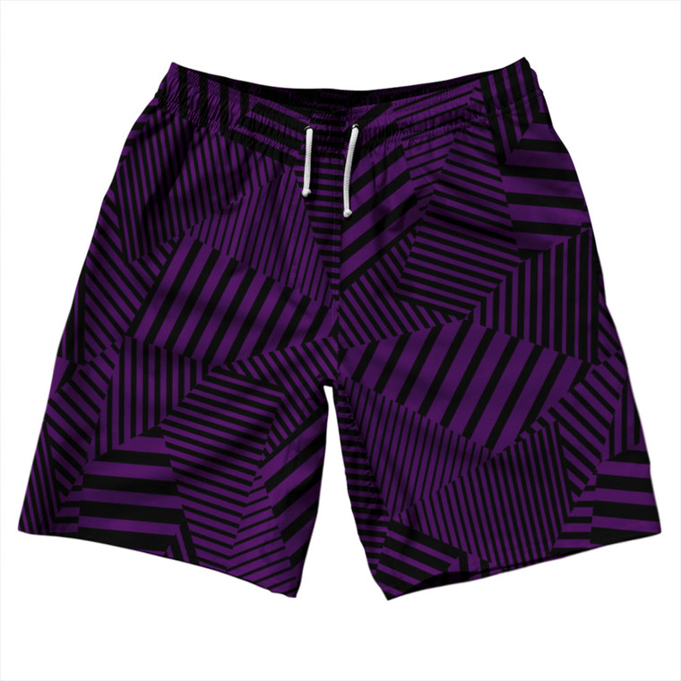Multiple Lines Pattern 10" Swim Shorts Made in USA - Purple Medium and Black Multiple Lines Pattern 10" Swim Shorts Made in USA - Purple Medium and Black