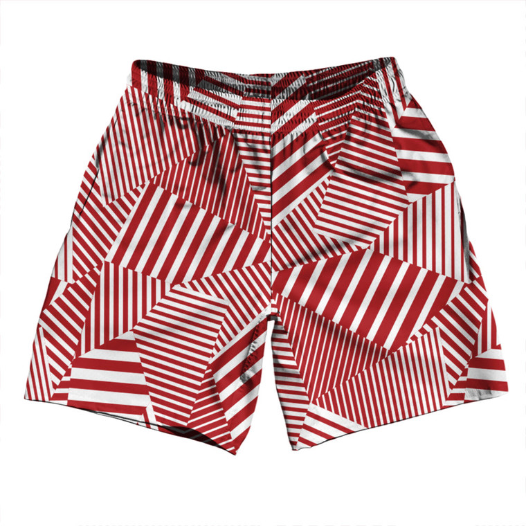 Multiple Lines Pattern Soccer Shorts Made In USA - Red Dark and White