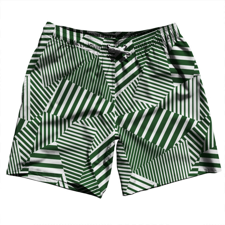 Multiple Lines Pattern Swim Shorts 7" Made in USA - Green Hunter and White