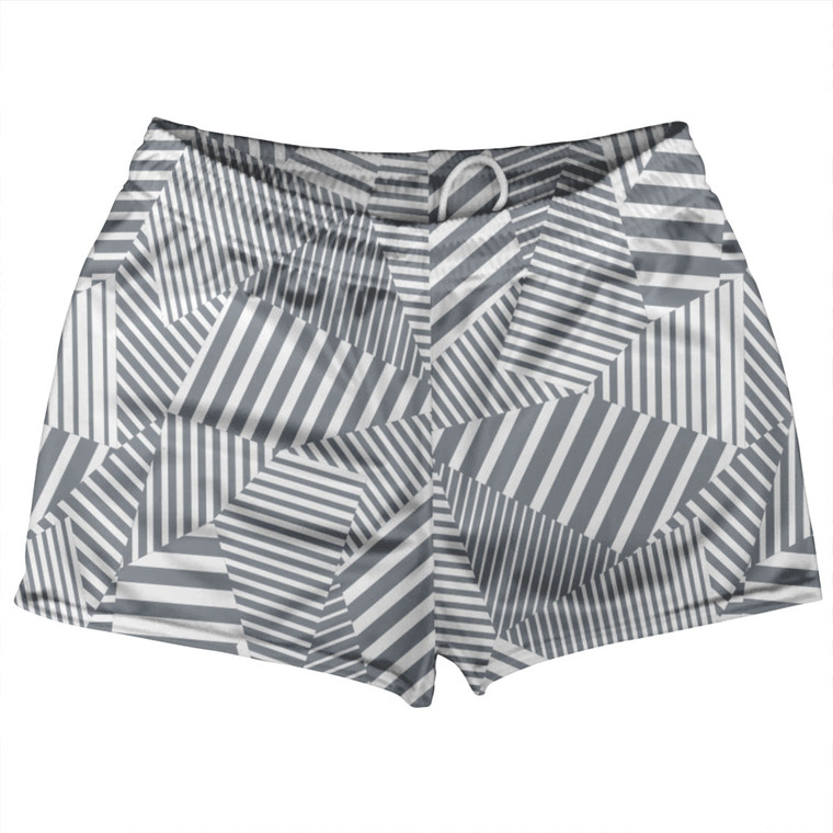 Multiple Lines Pattern Shorty Short Gym Shorts 2.5" Inseam Made In USA - Grey Dark and White
