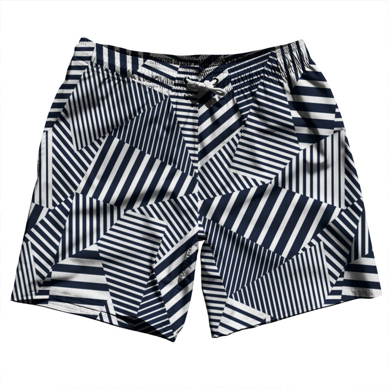 Multiple Lines Pattern Swim Shorts 7" Made in USA - Blue Navy and White