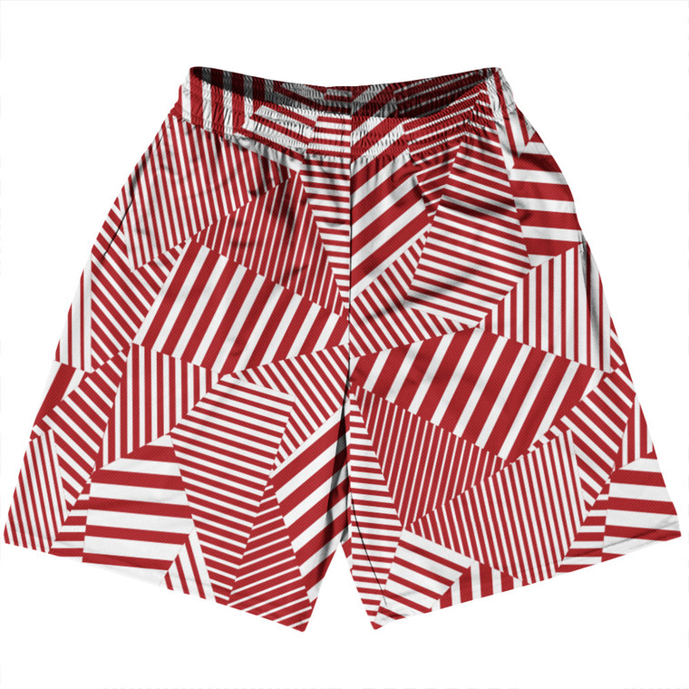 Multiple Lines Pattern Basketball Practice Shorts Made In USA - Red Dark and White
