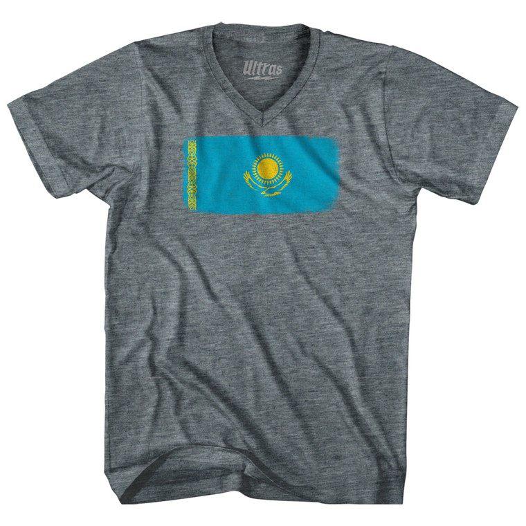 Kazakhstan Country Flag Adult Tri-Blend V-neck T-shirt - Athletic Grey