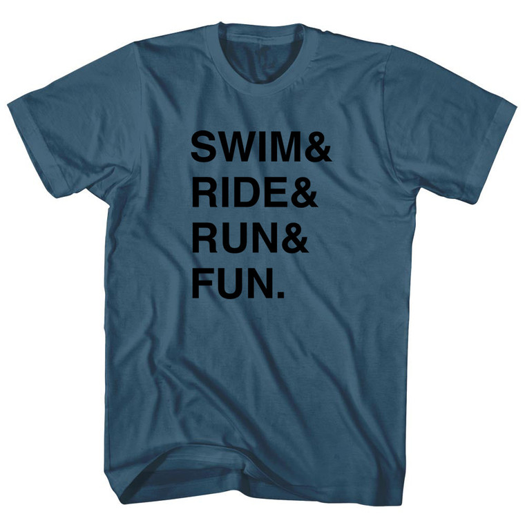 Swim& Ride& Run& Fun. Custom Name & Adult Cotton T-shirt - Lake Blue