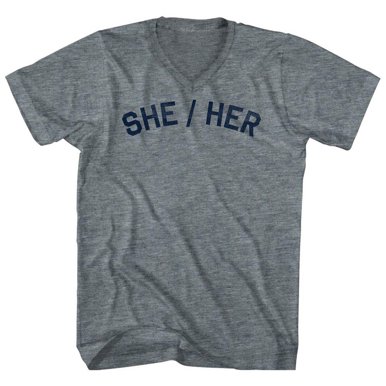 She Her Adult Tri-Blend V-neck T-shirt - Athletic Grey