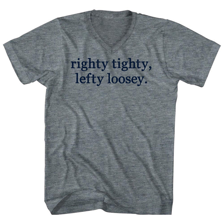 Righty Tighty, Lefty Loosey. Rage Font Tri-Blend V-neck Womens Junior Cut T-shirt - Athletic Grey