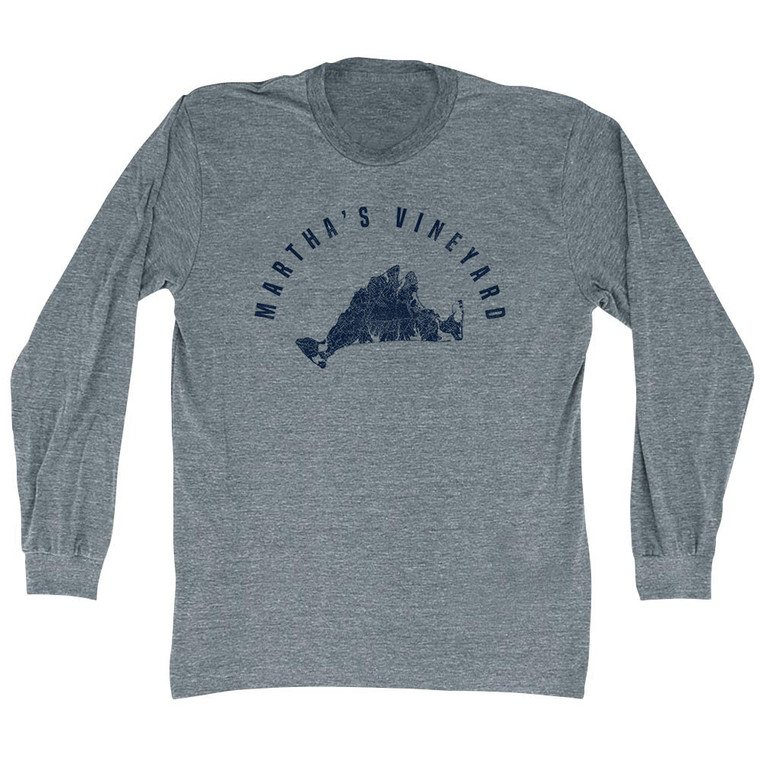 Martha's Vineyard Island Map Adult Tri-Blend Long Sleeve T-shirt - Athletic Grey