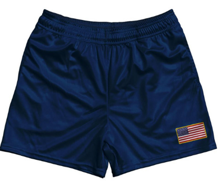 YOUTH MEDIUM- United States Country Heritage Flag Rugby Gym Short 5 Inch Inseam With Pockets Made In USA - Blue- Final Sale ZT82