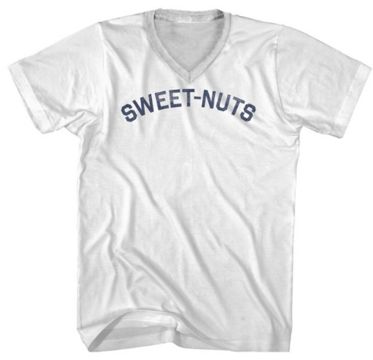 ADULT MEDIUM- Sweet-nuts- V-NECK White Tri-blend T-shirt- Final Sale Z4