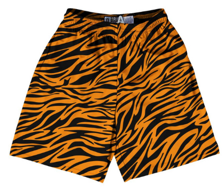 ADULT 4X-LARGE- Exotic Tiger King Pattern Lacrosse Shorts Made in USA - Orange Black- Final Sale ZT82