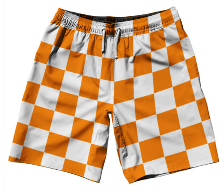 ADULT X-LARGE- Checkerboard 2.5 Inches Orange Tennessee and White 10" Swim Shorts Made in USA - Orange Tennessee and White- Final Sale SXL1