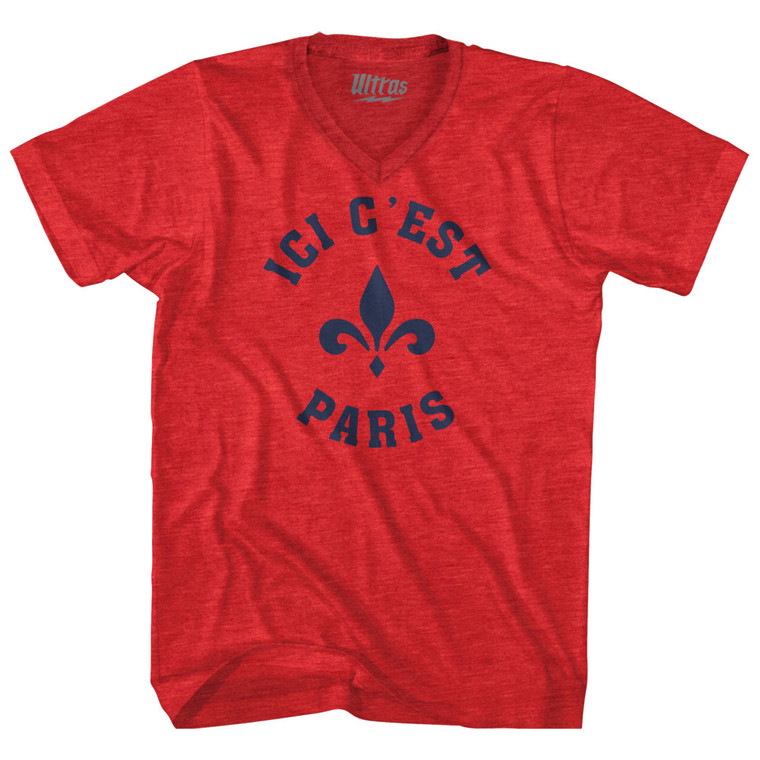 ICI C'est Paris Fleur De Lis Soccer Adult Tri-Blend V-neck T-shirt - Athletic Red