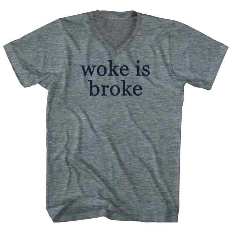 Woke Is Broke Rage Font Adult Tri-Blend V-neck T-shirt - Athletic Grey