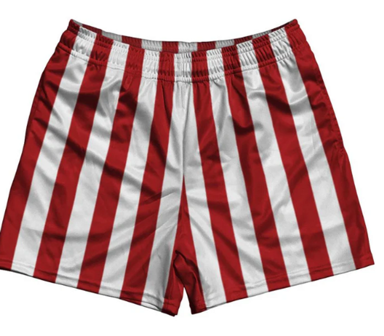 ADULT MEDIUM- Dark Red & White Rugby Gym Short 5 Inch Inseam With Pockets Made In USA- Final Sale ZT42