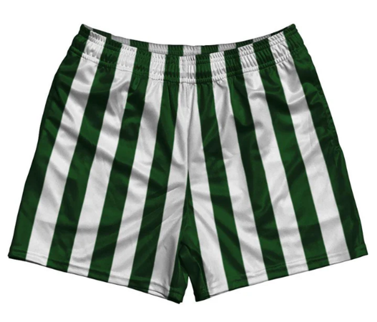 ADULT MEDIUM- Hunter Green & White Vertical Stripe Rugby Gym Short 5 Inch Inseam With Pockets Made In USA- Final Sale ZT42