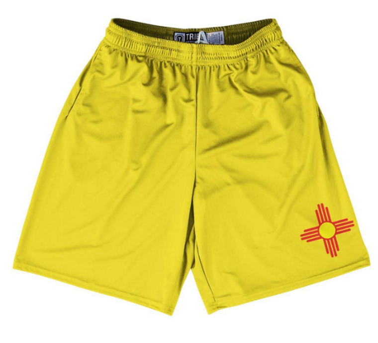 ADULT LARGE- New Mexico State Flag 9" Inseam Lacrosse Shorts Made In USA - Yellow- Final Sale ZT42