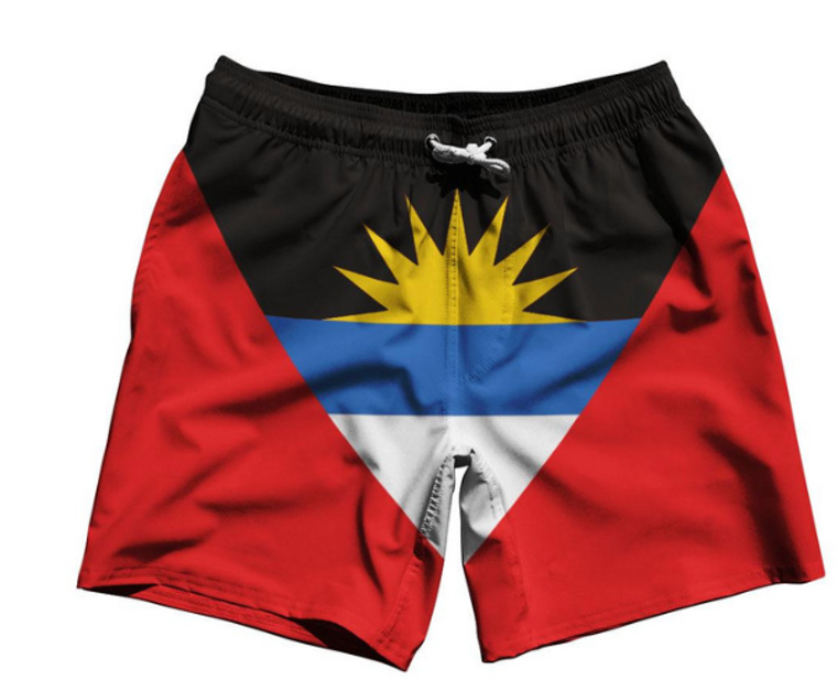 ADULT X-LARGE- Antigua and Barbuda Country Flag 7.5" Swim Shorts Made in USA-Red Blue- Final Sale ZT42 ADULT X-LARGE- Antigua and Barbuda Country Flag 7.5" Swim Shorts Made in USA-Red Blue- Final Sale ZT42