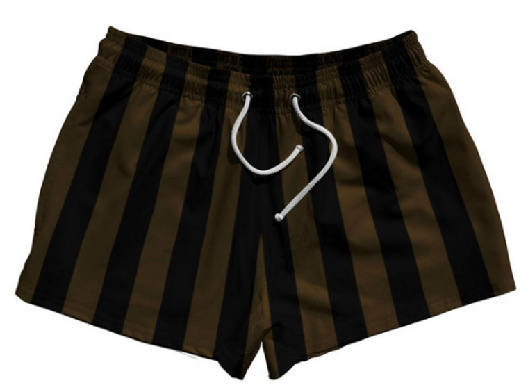 ADULT MEDIUM- Dark Brown & Black Vertical Stripe 2.5" Swim Shorts Made in USA - Dark Brown & Black- Final Sale ZT41