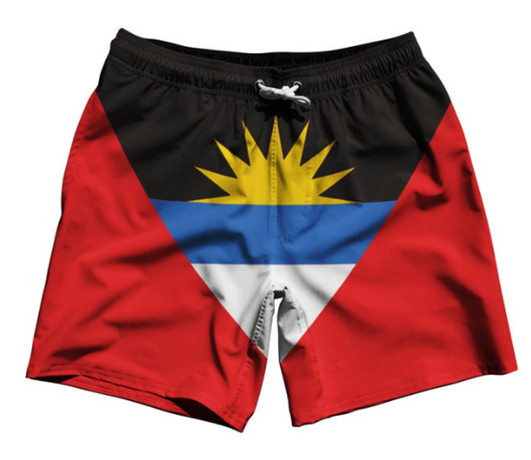 ADULT X-LARGE- Antigua and Barbuda Country Flag 7.5" Swim Shorts Made in USA-Red Blue- Final Sale ZT981