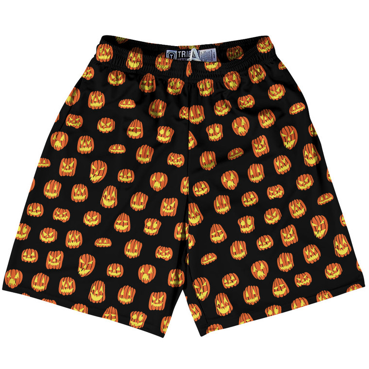 Scary Jack O Lanterns Carved Pumpkins All Over Print Pattern Lacrosse Shorts Made In USA - Black Scary Jack O Lanterns Carved Pumpkins All Over Print Pattern Lacrosse Shorts Made In USA - Black