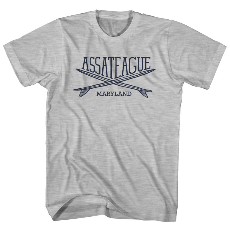 Assareague Surf Break Crossed Surf Board Surfing Destination Adult Cotton T-Shirt - Grey Heather