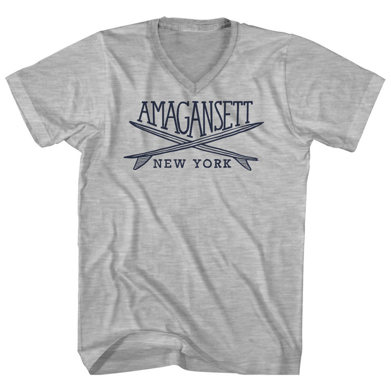 Amagansett Surf Break Crossed Surf Board Surfing Destination Adult Cotton V-Neck T-Shirt - Grey Heather