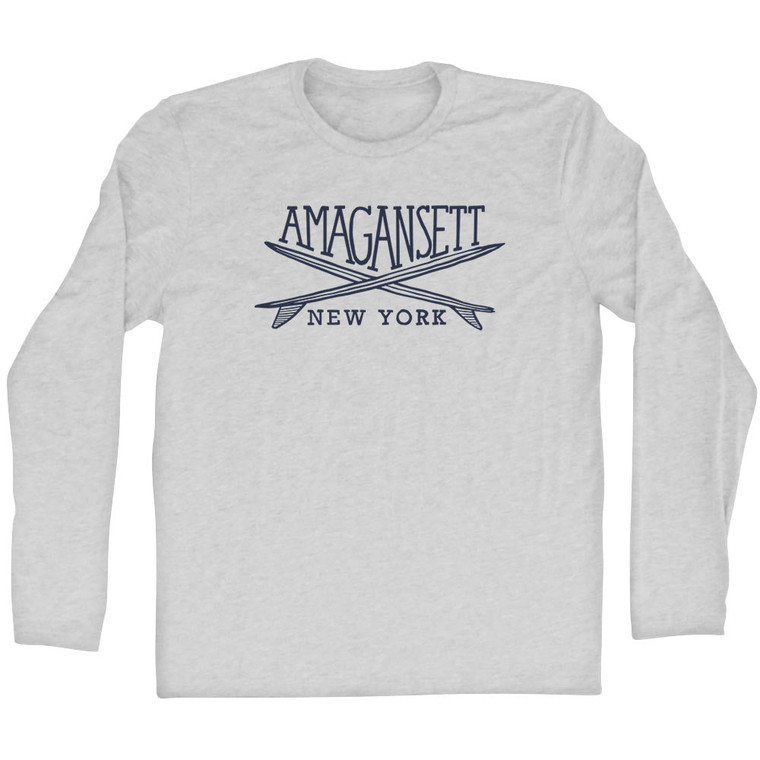 Amagansett Surf Break Crossed Surf Board Surfing Destination Adult Cotton Long Sleeve T-Shirt - Grey Heather