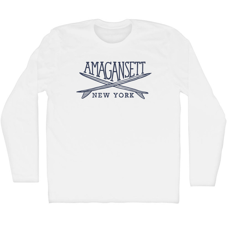 Amagansett Surf Break Crossed Surf Board Surfing Destination Adult Cotton Long Sleeve T-Shirt - White