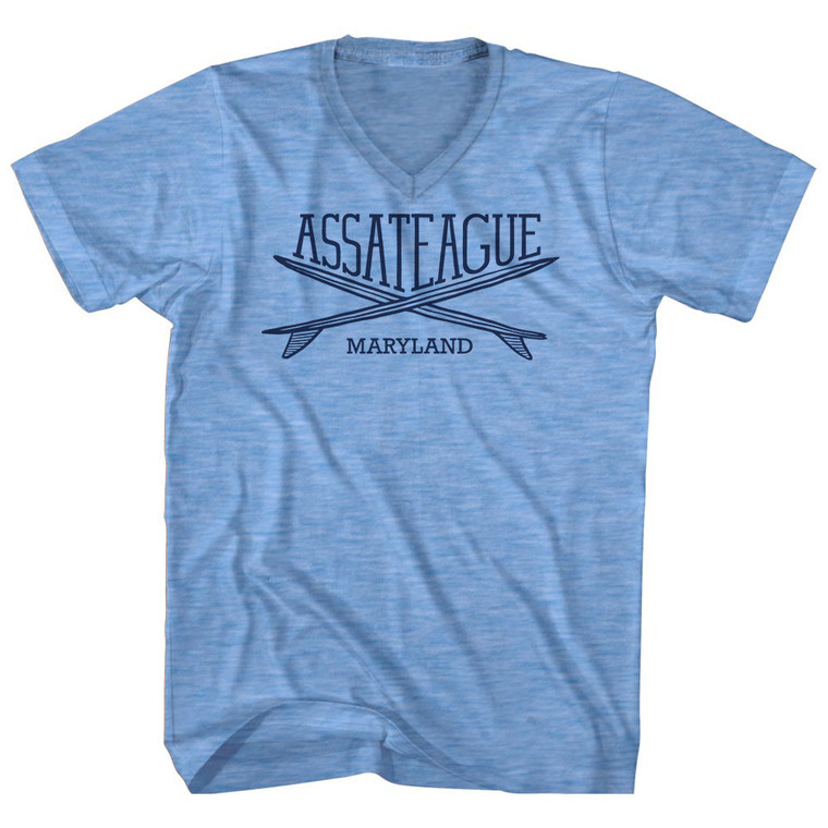 Assareague Surf Break Crossed Surf Board Surfing Destination Adult Tri-Blend V-Neck T-Shirt - Athletic Blue