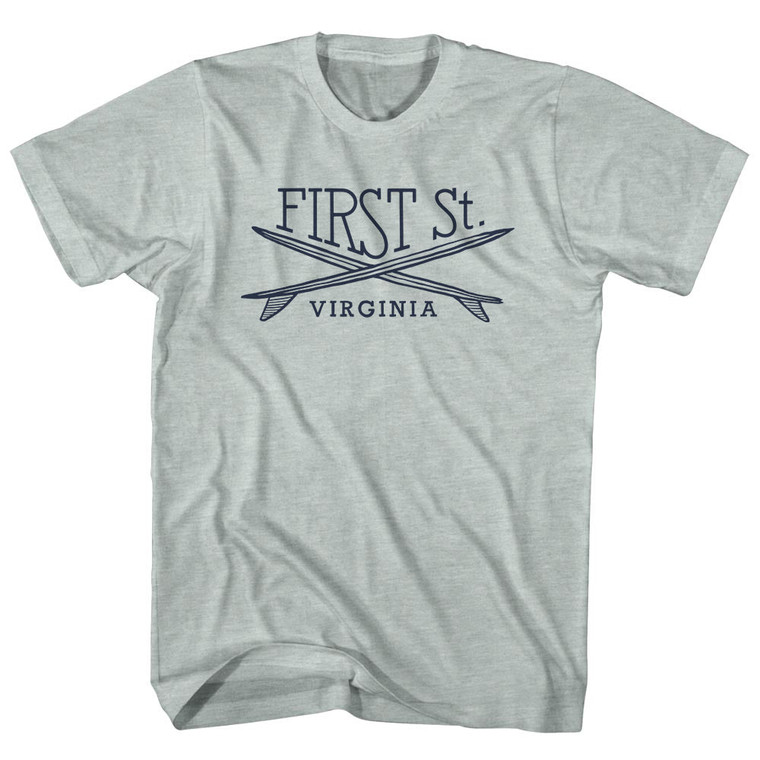 First St. Surf Break Crossed Surf Board Surfing Destination Adult Tri-Blend T-Shirt - Athletic Cool Grey