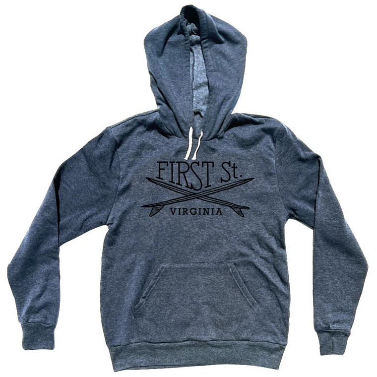 First St. Surf Break Crossed Surf Board Surfing Destination Cotton-Poly Blend Hoodie - Dark Blue