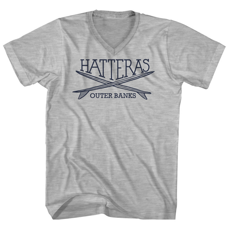 Hatteras Surf Break Crossed Surf Board Surfing Destination Adult Cotton V-Neck T-Shirt - Grey Heather