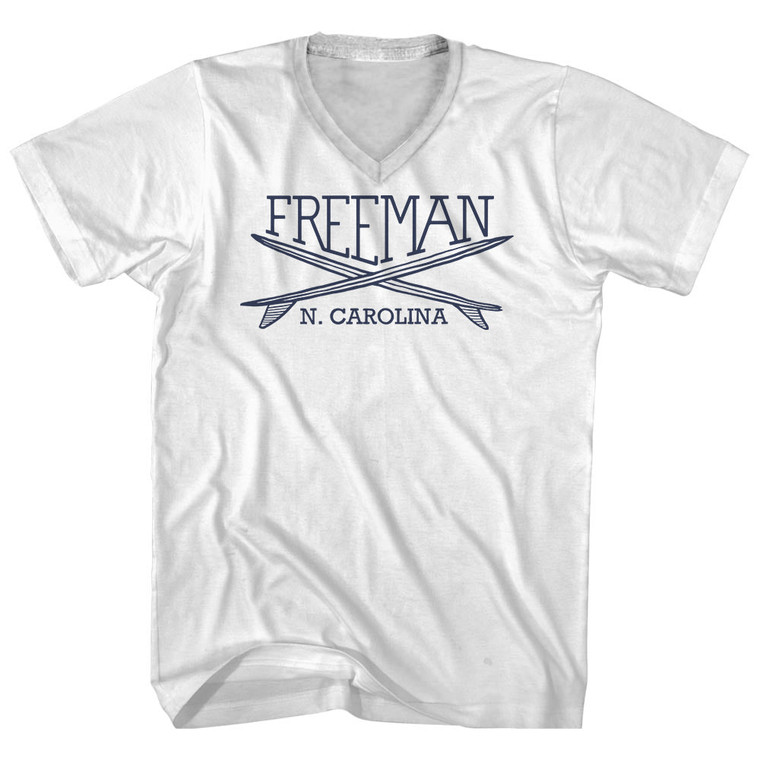 Freeman Surf Break Crossed Surf Board Surfing Destination Adult Cotton V-Neck T-Shirt - White