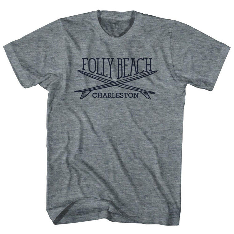 Folly Beach Surf Break Crossed Surf Board Surfing Destination Womens Tri-Blend Junior Cut T-Shirt - Athletic Grey