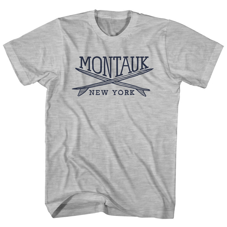 Montauk Surf Break Crossed Surf Board Surfing Destination Adult Cotton T-Shirt - Grey Heather