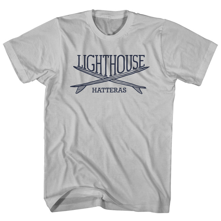 Lighthouse Surf Break Crossed Surf Board Surfing Destination Adult Cotton T-Shirt - Cool Grey