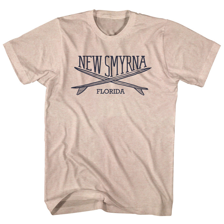 New Smyrna Surf Break Crossed Surf Board Surfing Destination Adult Tri-Blend T-Shirt - Sand