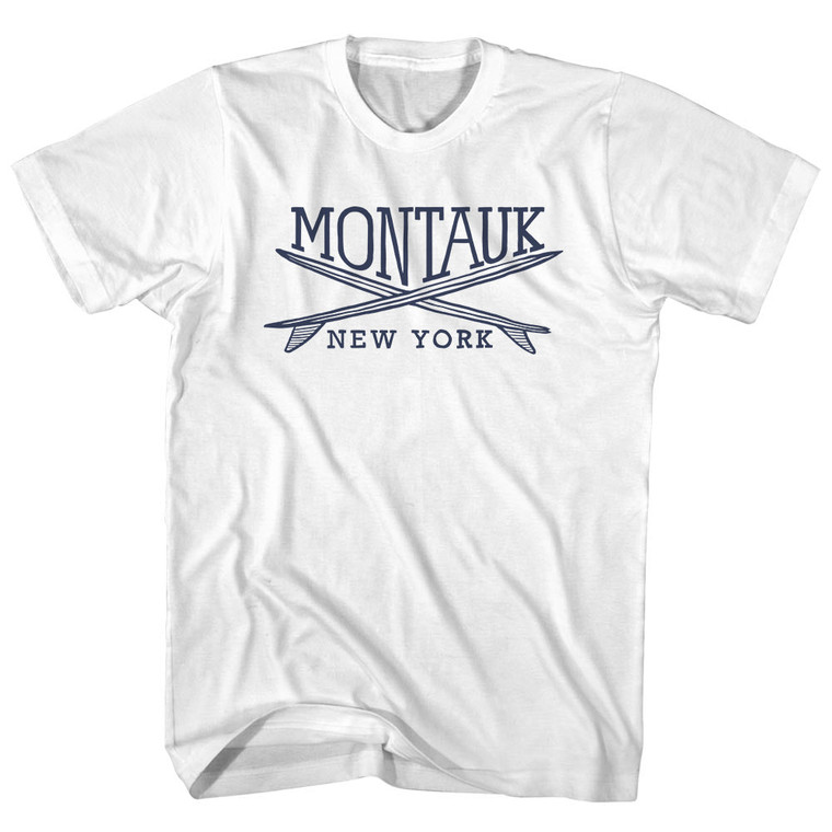 Montauk Surf Break Crossed Surf Board Surfing Destination Adult Cotton T-Shirt - White