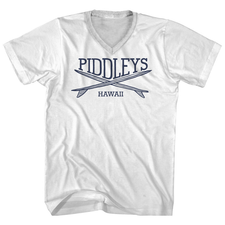 Piddleys Surf Break Crossed Surf Board Surfing Destination Adult Cotton V-Neck T-Shirt - White
