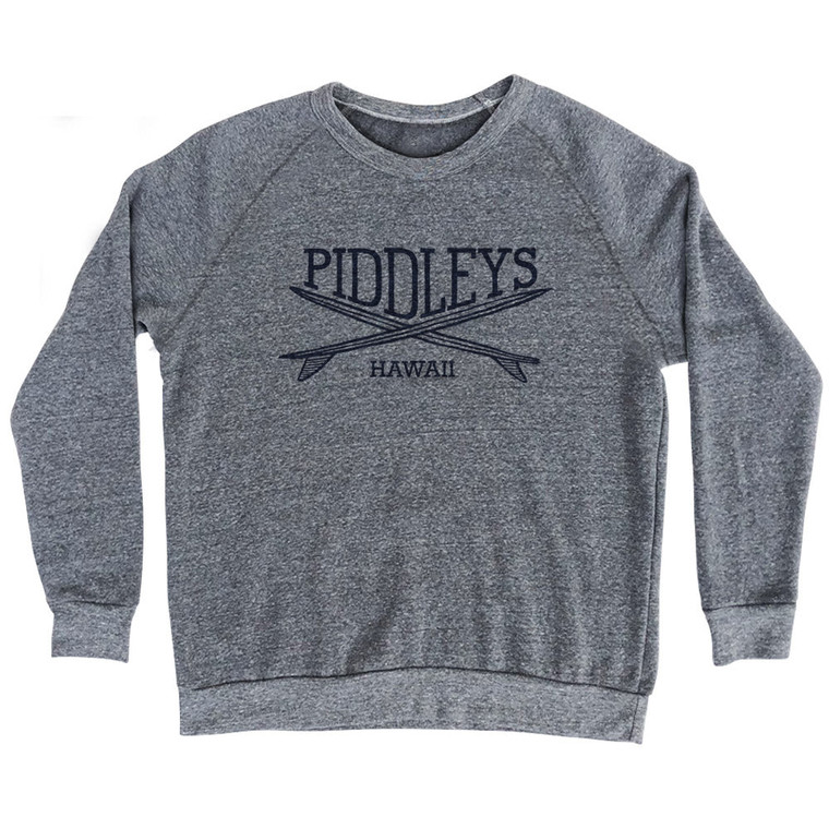 Piddleys Surf Break Crossed Surf Board Surfing Destination Adult Tri-Blend Sweatshirt - Athletic Grey