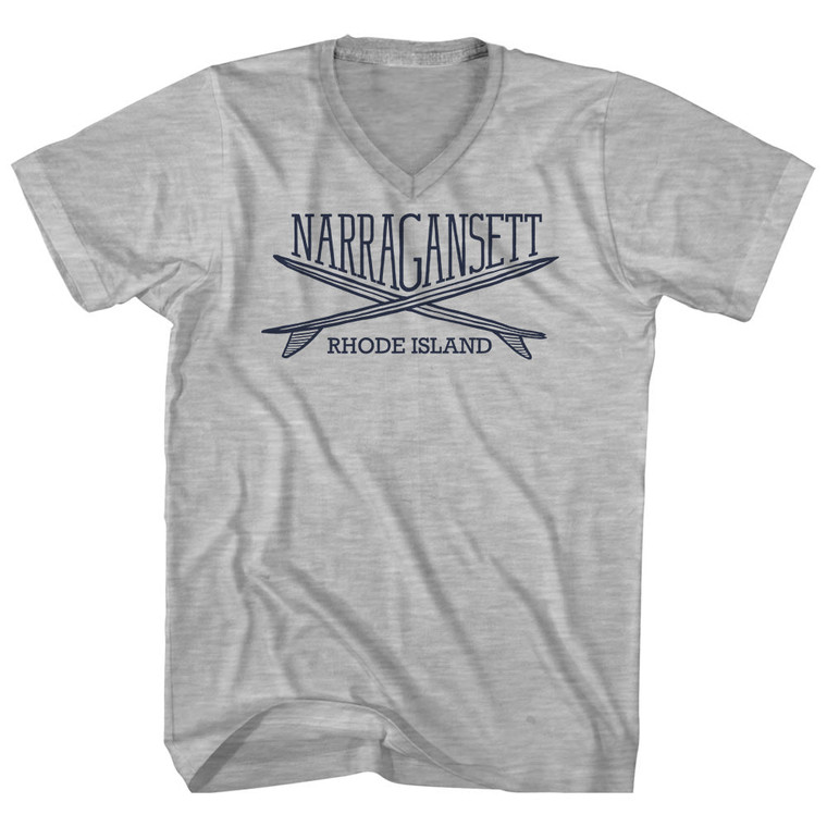Narragansett Surf Break Crossed Surf Board Surfing Destination Adult Cotton V-Neck T-Shirt - Grey Heather