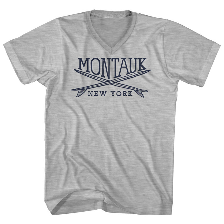 Montauk Surf Break Crossed Surf Board Surfing Destination Adult Cotton V-Neck T-Shirt - Grey Heather
