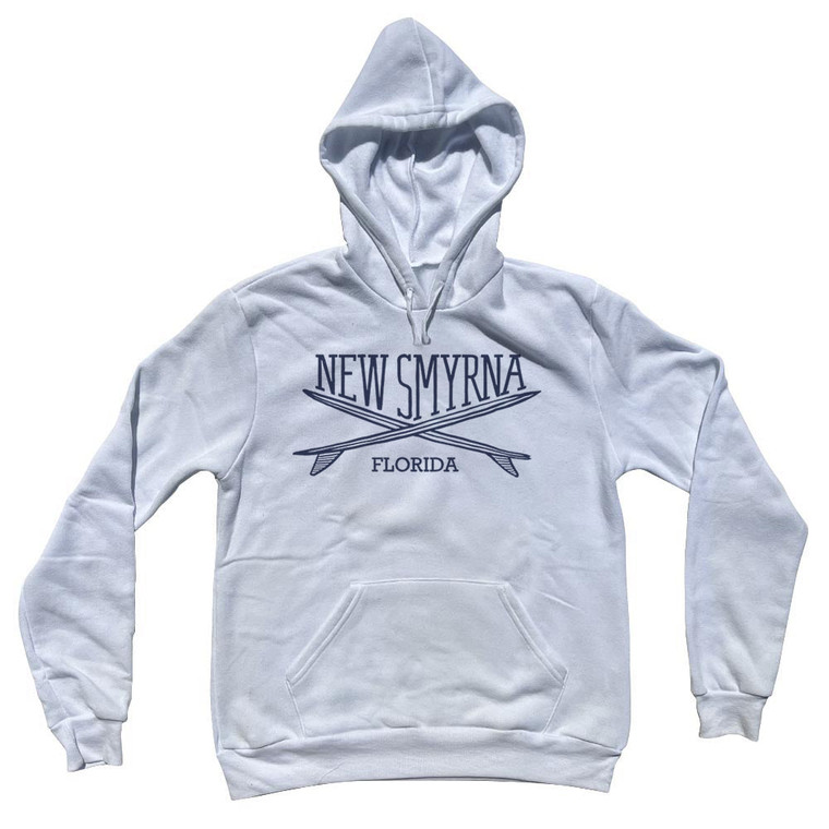 New Smyrna Surf Break Crossed Surf Board Surfing Destination Cotton-Poly Blend Hoodie - White