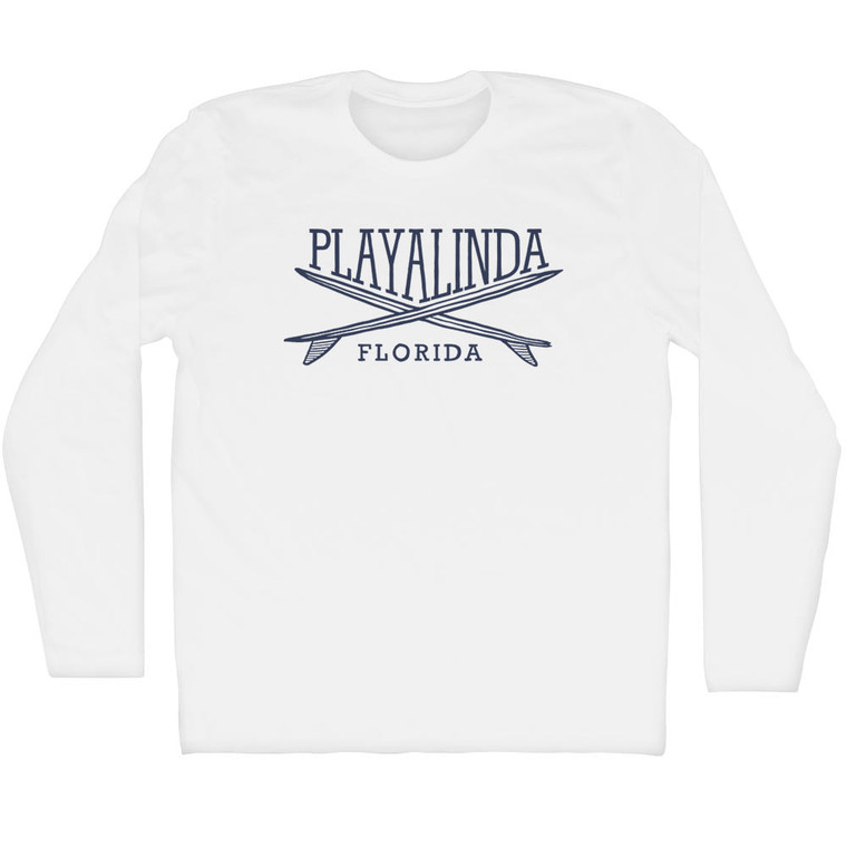 Playalinda Surf Break Crossed Surf Board Surfing Destination Adult Cotton Long Sleeve T-Shirt - White
