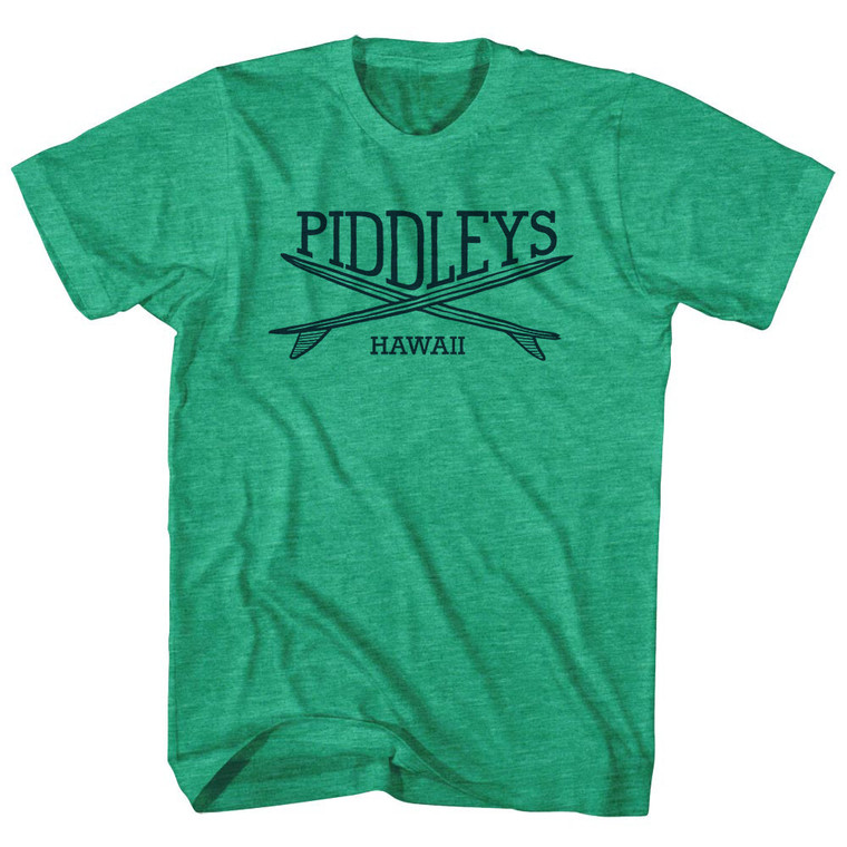 Piddleys Surf Break Crossed Surf Board Surfing Destination Adult Tri-Blend T-Shirt - Athletic Green