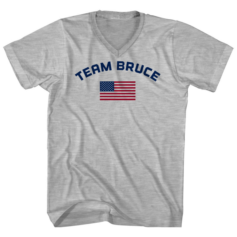 Team Bruce Over An American Flag Adult Cotton V-Neck T-Shirt - Grey Heather